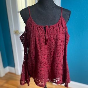 Hollister Bell Sleeve Lace Boho Top Burgundy S Small